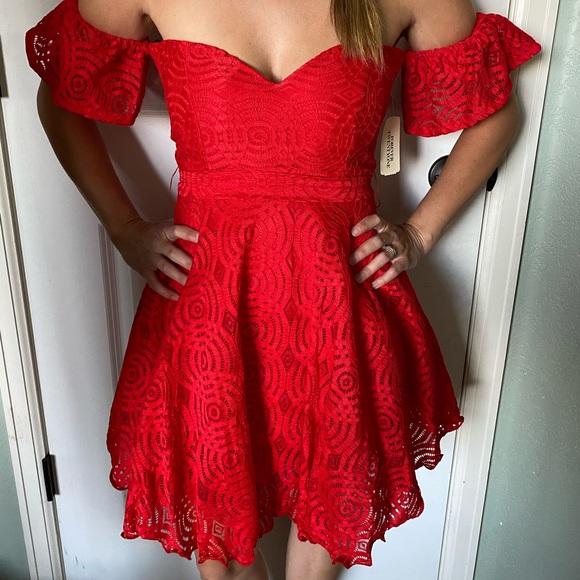 NWT Forever 21 Off The Shoulder Red Lace Dress - Picture 6 of 6